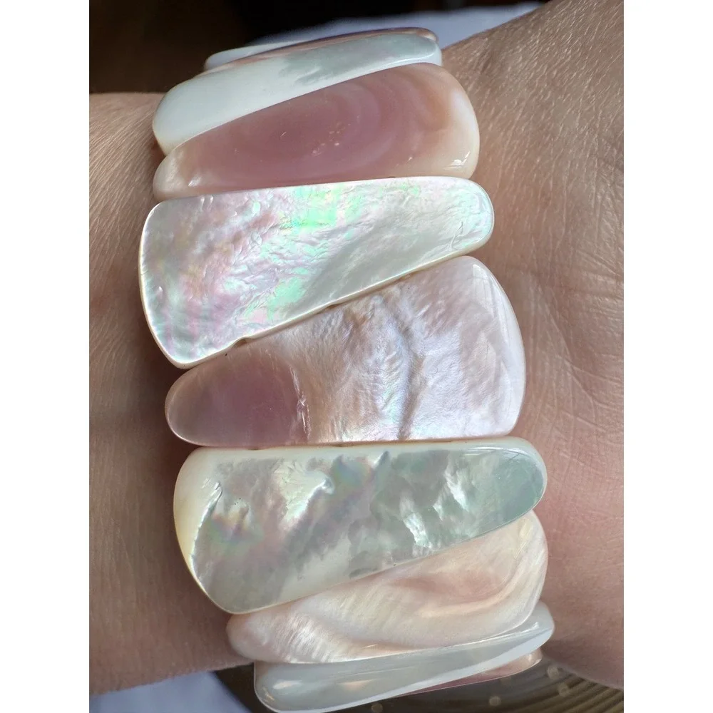 Mother of Pearl Shell Stretch Bracelet Pink Cream Iridescent Statement Boho Chic